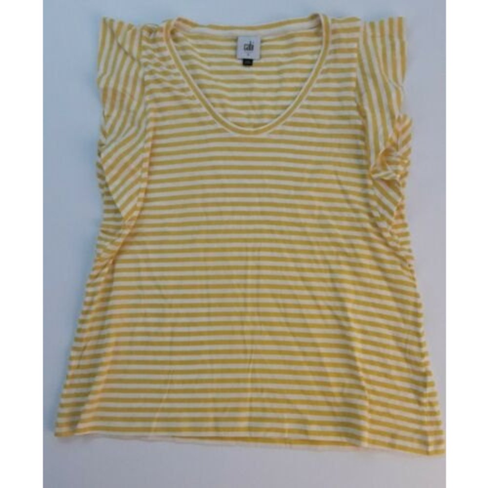 CAbi Short Flutter Sleeve Yellow Stripe Daisy Top Size S Style # 5748